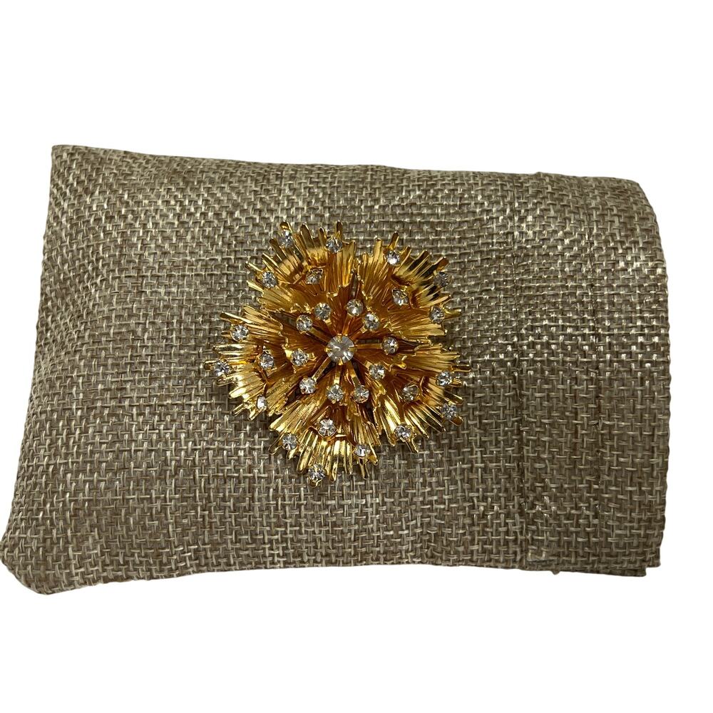 Gold Tone Starburst Rhinestone Brooch Pin Vintage Style Sunburst Statement